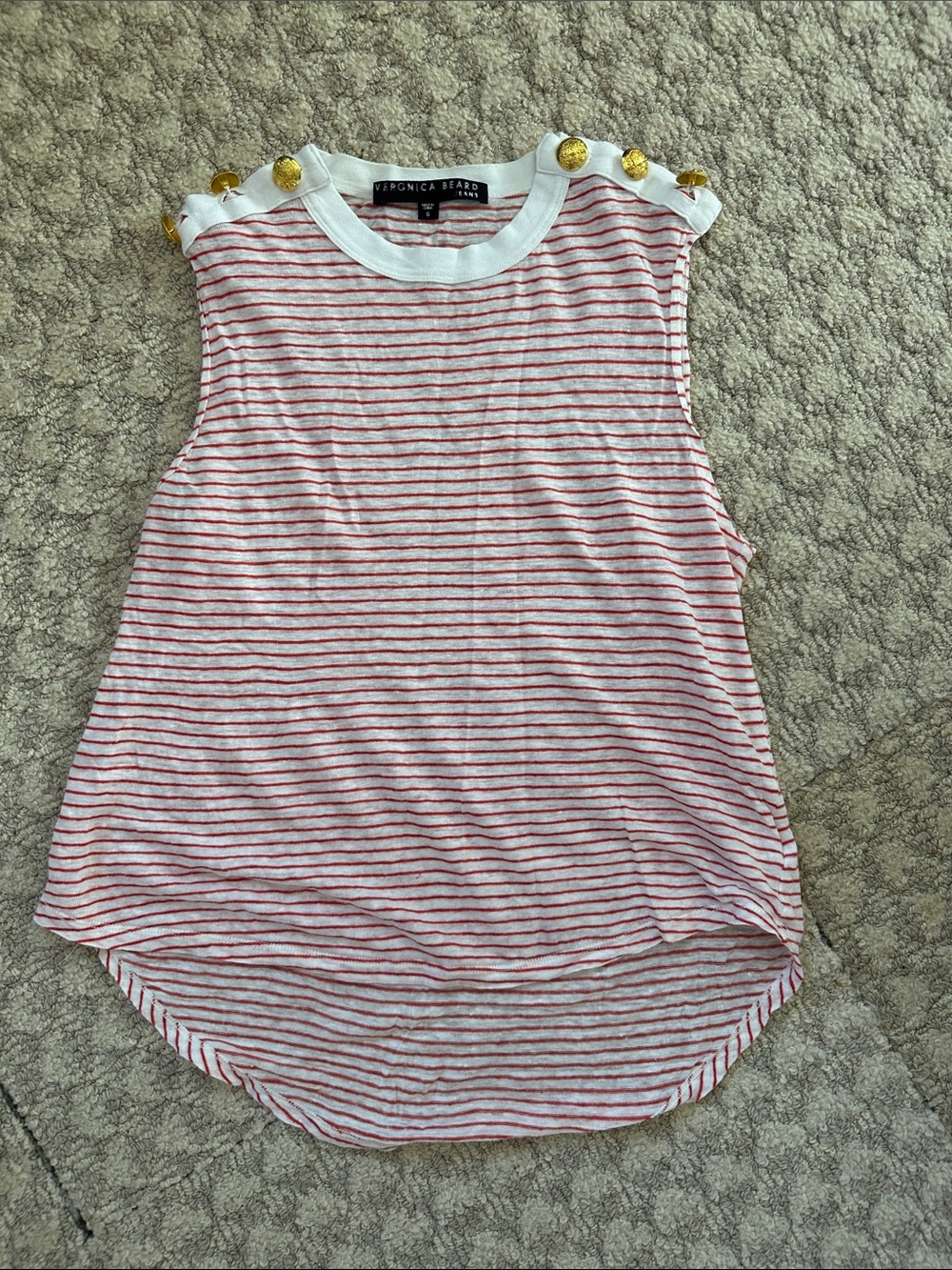 Veronica Beard White and Red-Orange Striped Button-Shoulder Tank